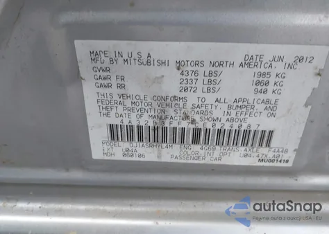 2012 Mitsubishi Galant Es/Se z USA, uszkodzony, nr VIN 4A32B3FF7CE024087